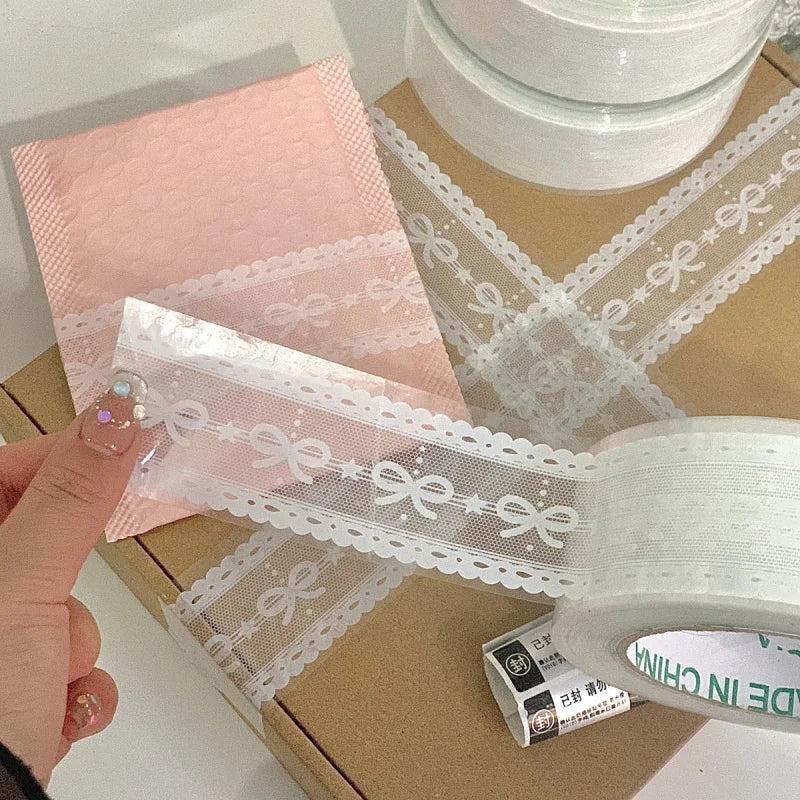 100M/Roll Bow Lace Transparent Tape，insFeng Festival Gift Box Packaging Tape，DIY Gift Decoration Material Tape
