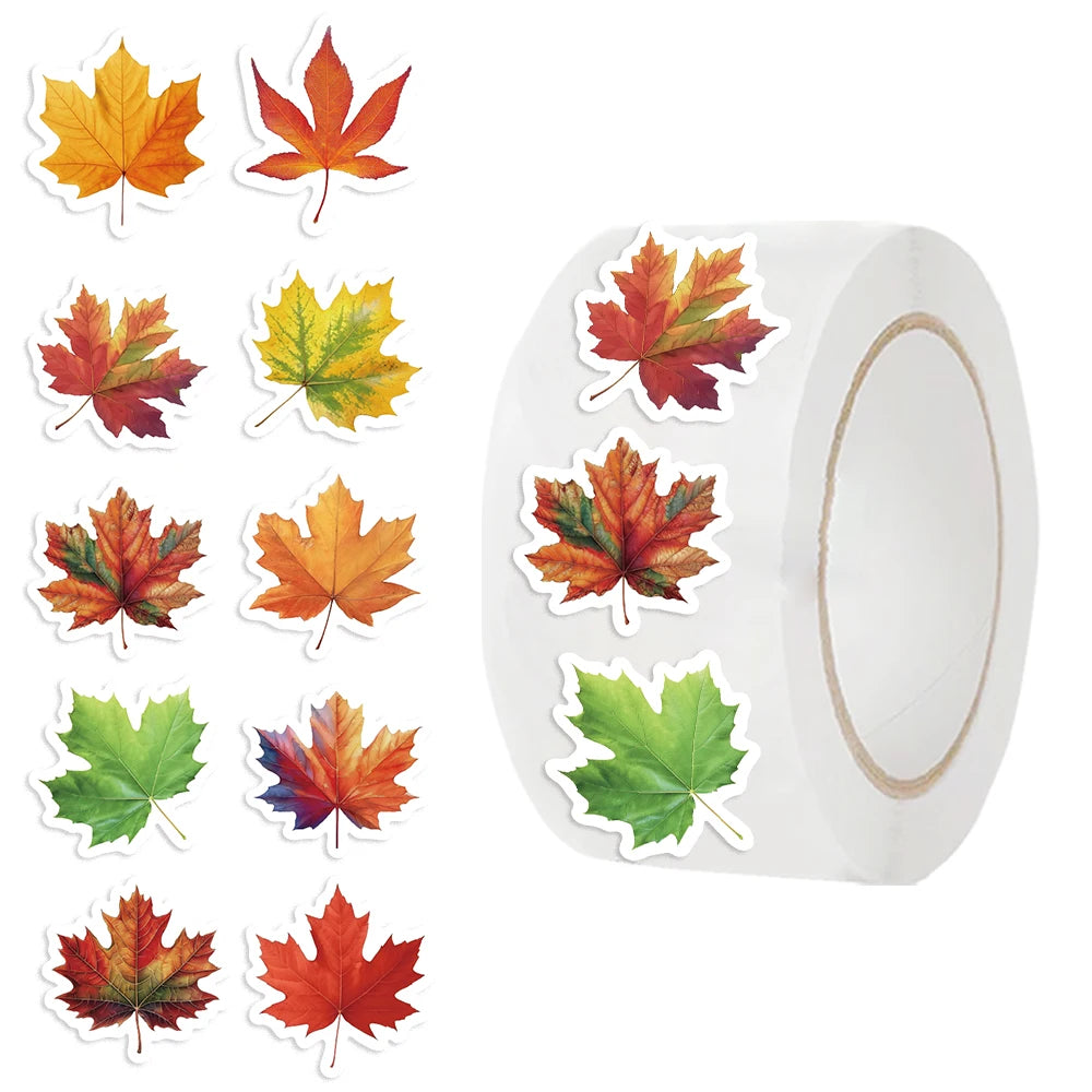 500PCS/Roll Autumn Maple Leaf Roll Stickers Art Yellow Leaves 10 Patterns DIY Scrapbook Envelope Invitation Cowhide Paper Bag