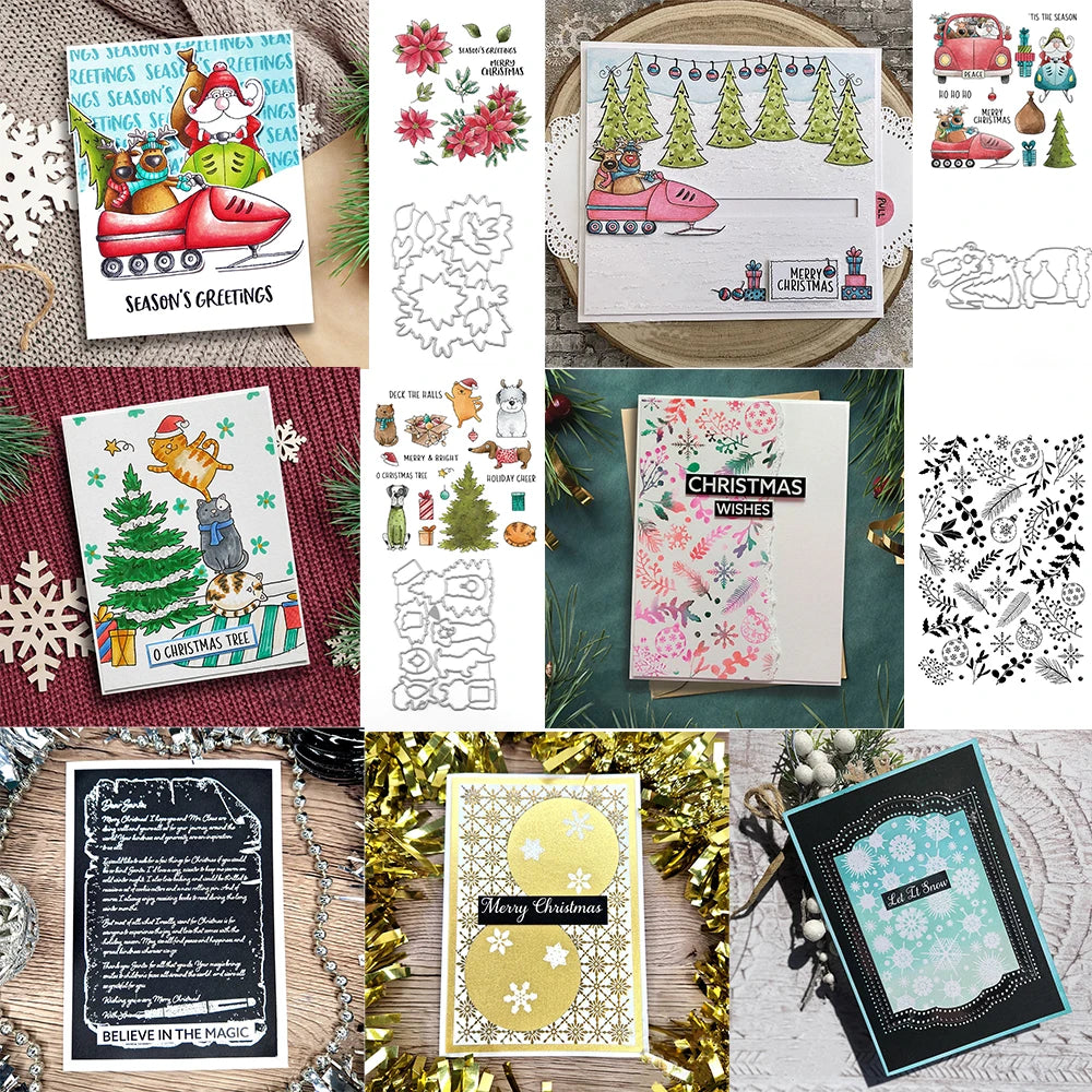 Christmas Tree Poinsettia Festive Fronds Snow Yuletide Weave Clear Stamps and Dies For DIY Craft Card Photo Album Scrapbooking